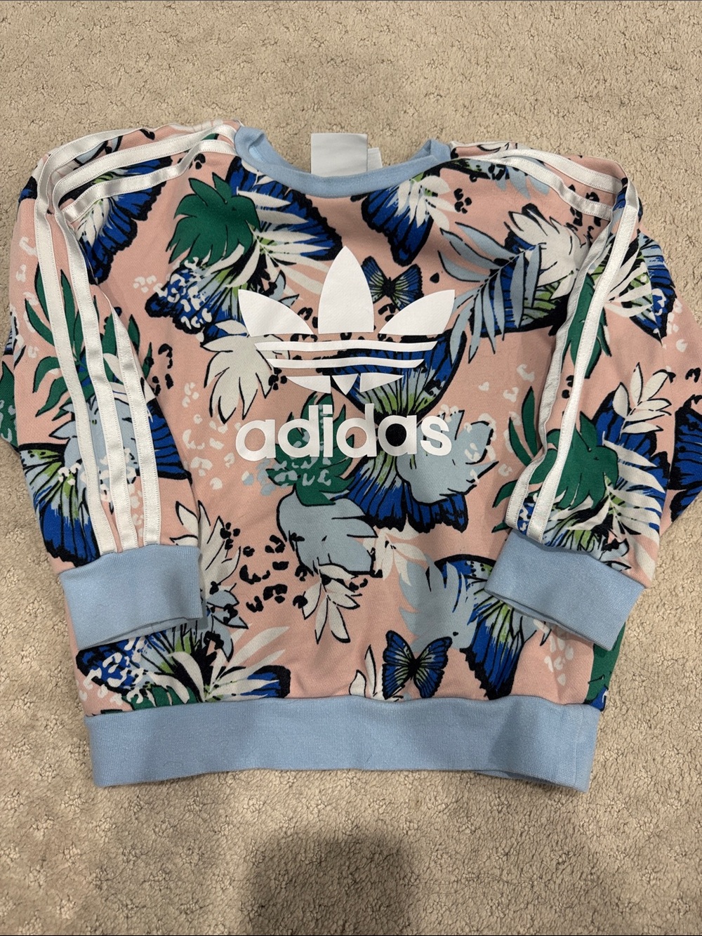 adidas Pink Floral Trefoil Sweatshirt with Blue Trim